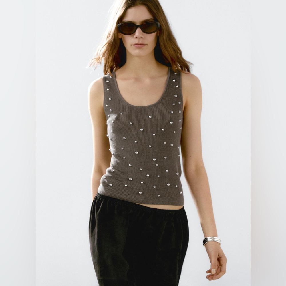 Massimo Dutti 100% Linen Knit top with silver stud details | Brown | XS | NWT
